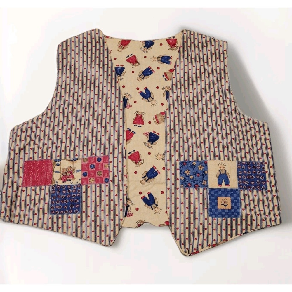 Vtg Handmade Patchwork Cottagecore Grannycore Women's Vest Sz 2XL Hearts Stripes